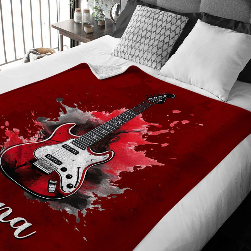 Personalized Multicolor Splash Ink Electric Guitar Soft Throw Blanket with Name Music Room Decor Gift for Guitar Player