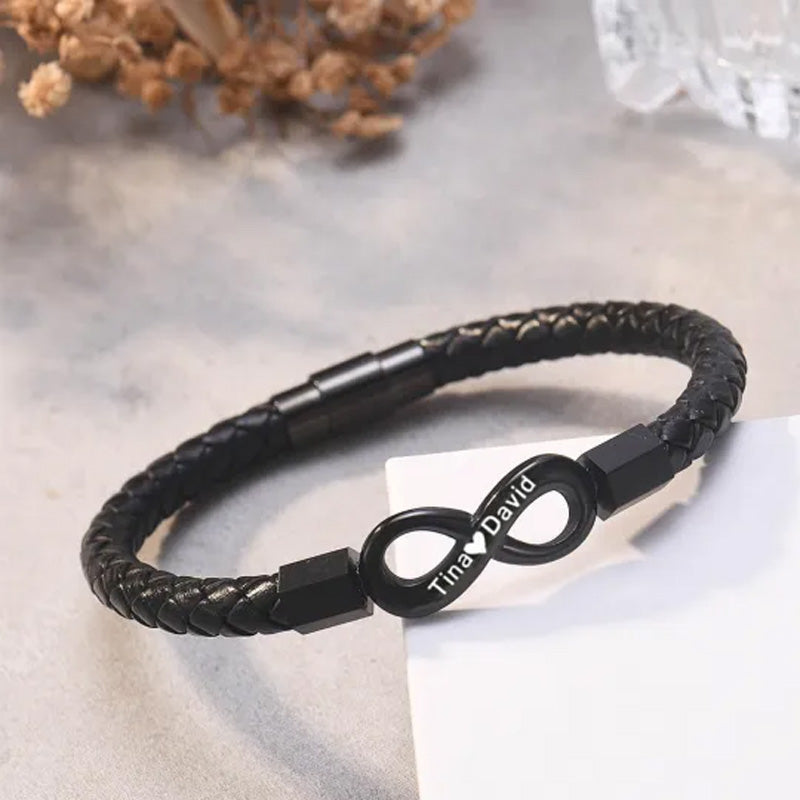 To My Man, Personalized Dual Name Infinity Leather Bracelet