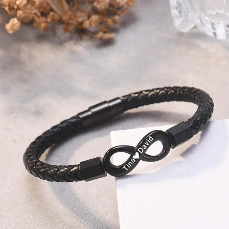To My Man, Personalized Dual Name Infinity Leather Bracelet