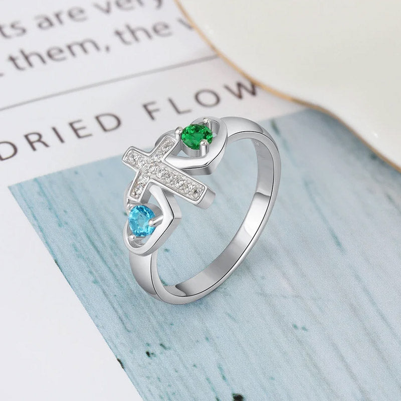 Bague en argent sterling avec nom personnalisé, pierre de naissance, promesse, croix