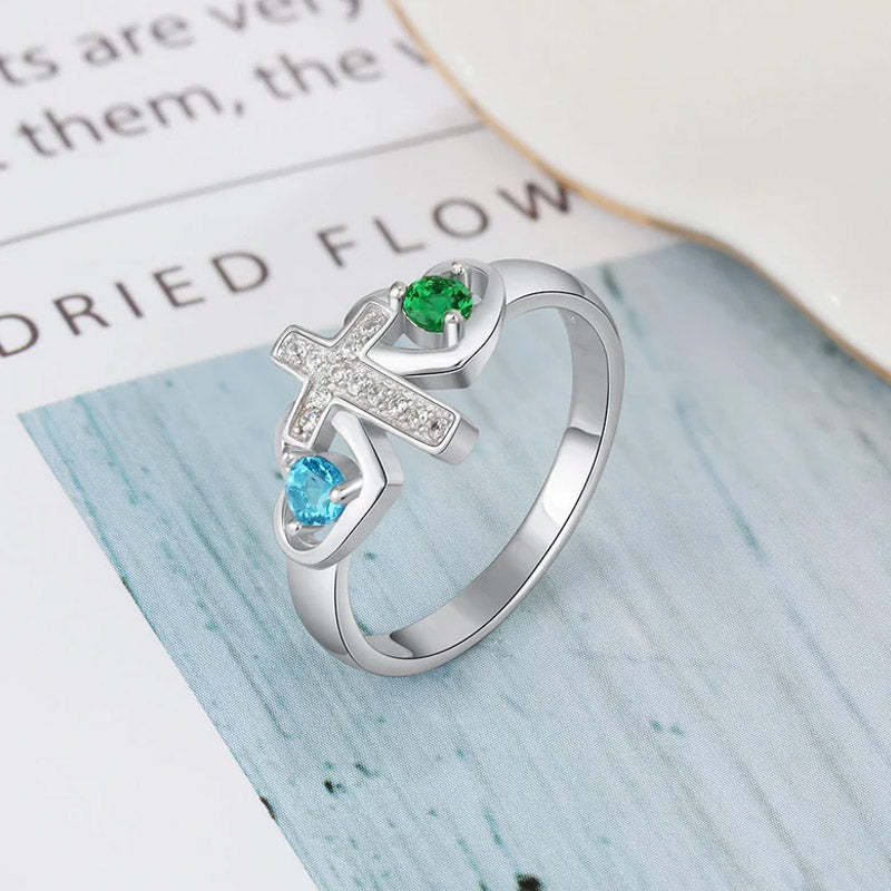 Bague en argent sterling avec nom personnalisé, pierre de naissance, promesse, croix
