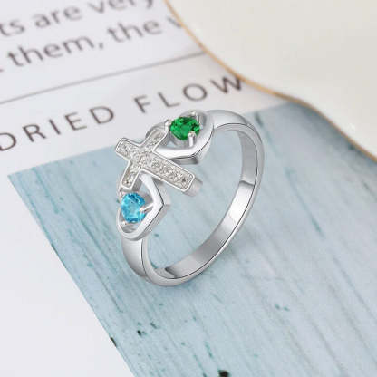 Bague en argent sterling avec nom personnalisé, pierre de naissance, promesse, croix