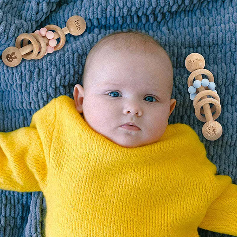 Personalized Wooden Baby Rattle with Engraved Name for Infant Baby Shower Birthday Gift
