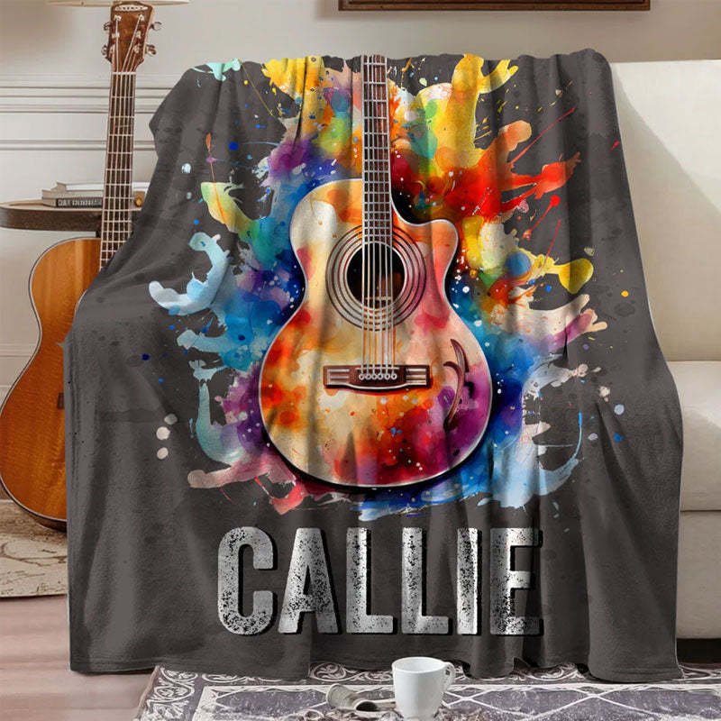 Personalized Multicolor Splash Ink Electric Guitar Soft Throw Blanket with Name Music Room Decor Gift for Guitar Player