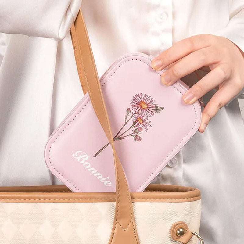 Boîte à bijoux portable avec fleur de naissance personnalisée, boîte à maquillage