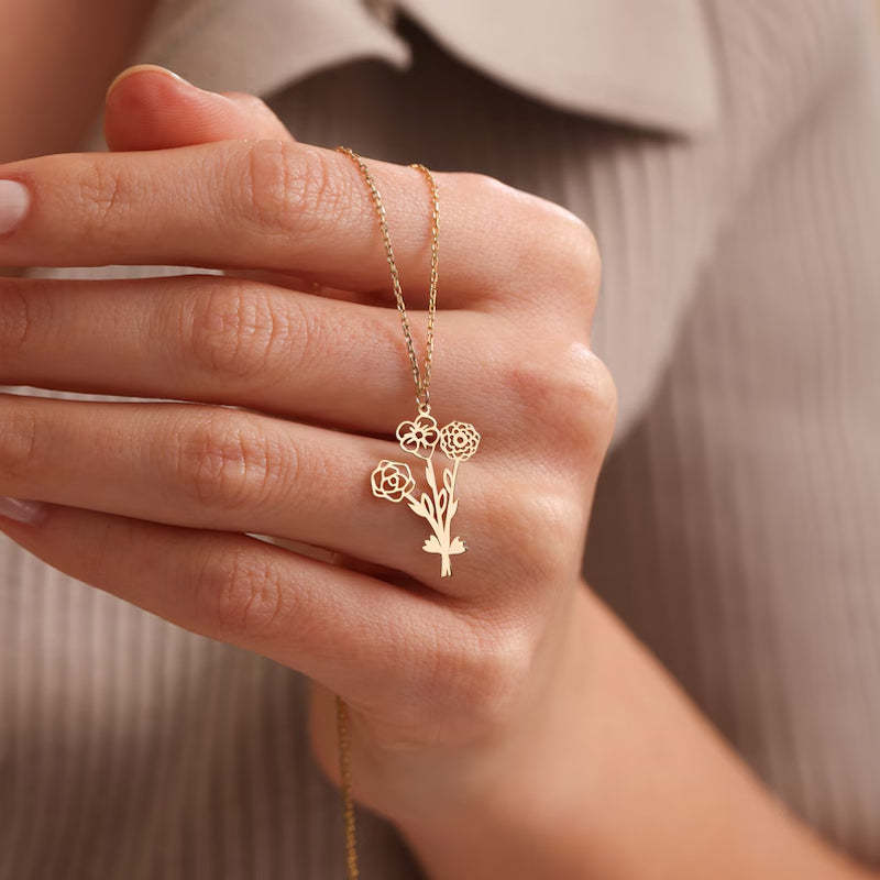Collier de fleurs de naissance familiale, collier de bouquet de fleurs de naissance multiple, cadeau personnalisé