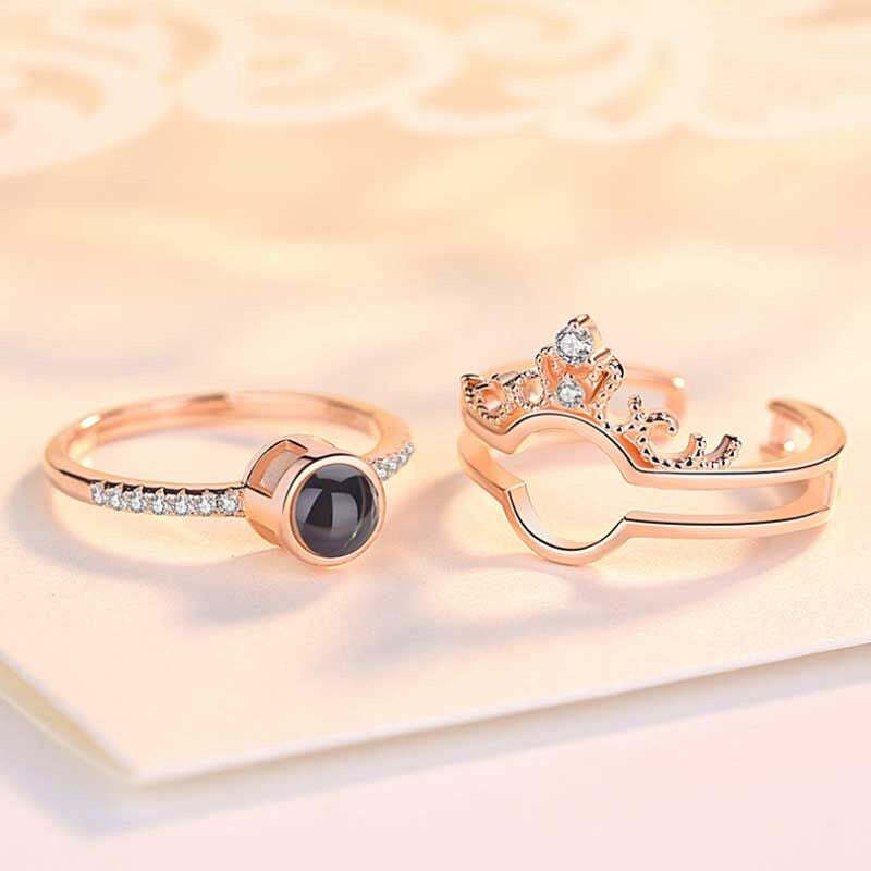 Bague personnalisée avec projection photo et couronne en forme de cœur deux en un