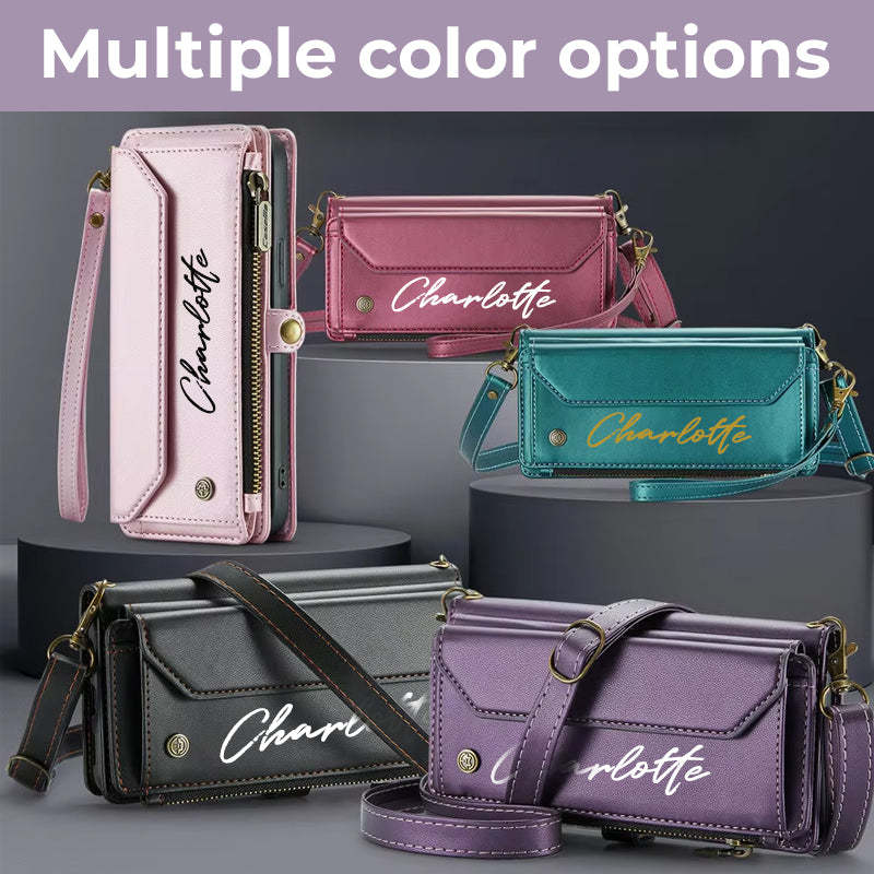Étui portefeuille à fermeture éclair pour téléphone portable, porte-cartes, lettre personnalisée - Pour iPhone et Samsung
