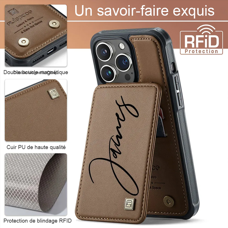 Étui de téléphone portefeuille personnalisé avec porte-cartes Monogram
