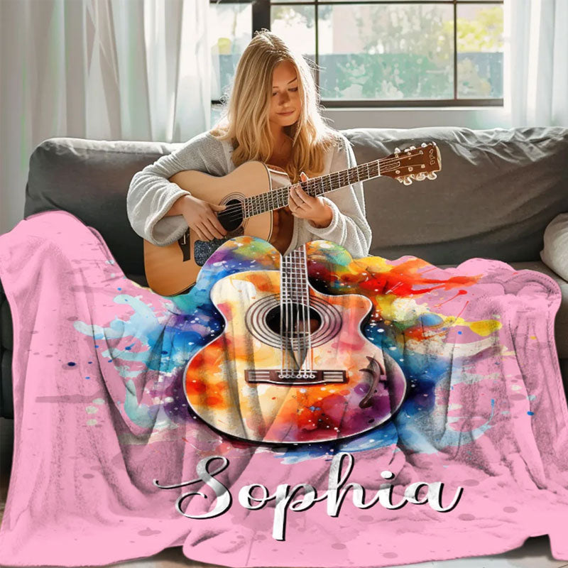 Personalized Multicolor Splash Ink Electric Guitar Soft Throw Blanket with Name Music Room Decor Gift for Guitar Player