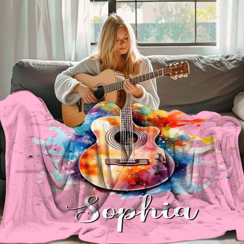 Personalized Multicolor Splash Ink Electric Guitar Soft Throw Blanket with Name Music Room Decor Gift for Guitar Player