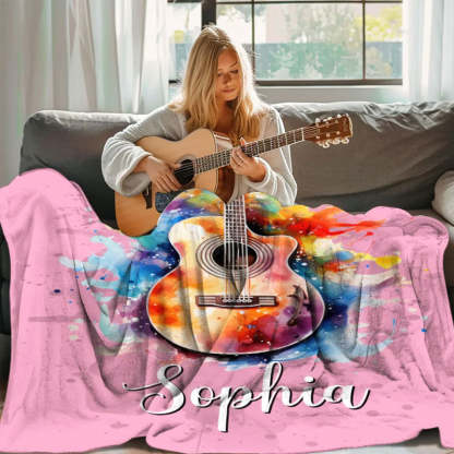 Personalized Multicolor Splash Ink Electric Guitar Soft Throw Blanket with Name Music Room Decor Gift for Guitar Player