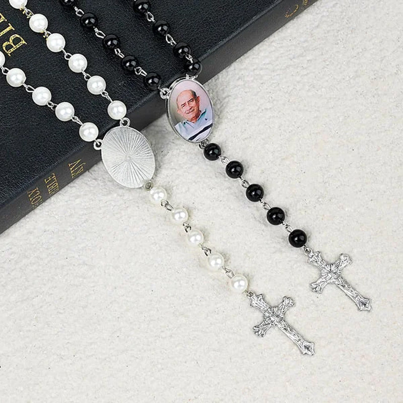 Personalized Multi-Color Rosary Beads Cross Necklace with Photo Memorial Gift for Women