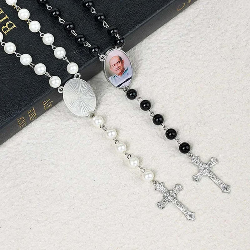 Personalized Multi-Color Rosary Beads Cross Necklace with Photo Memorial Gift for Women
