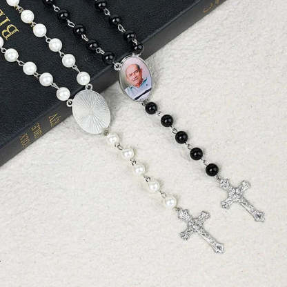 Personalized Multi-Color Rosary Beads Cross Necklace with Photo Memorial Gift for Women