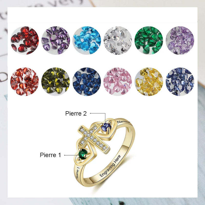 Bague en argent sterling avec nom personnalisé, pierre de naissance, promesse, croix