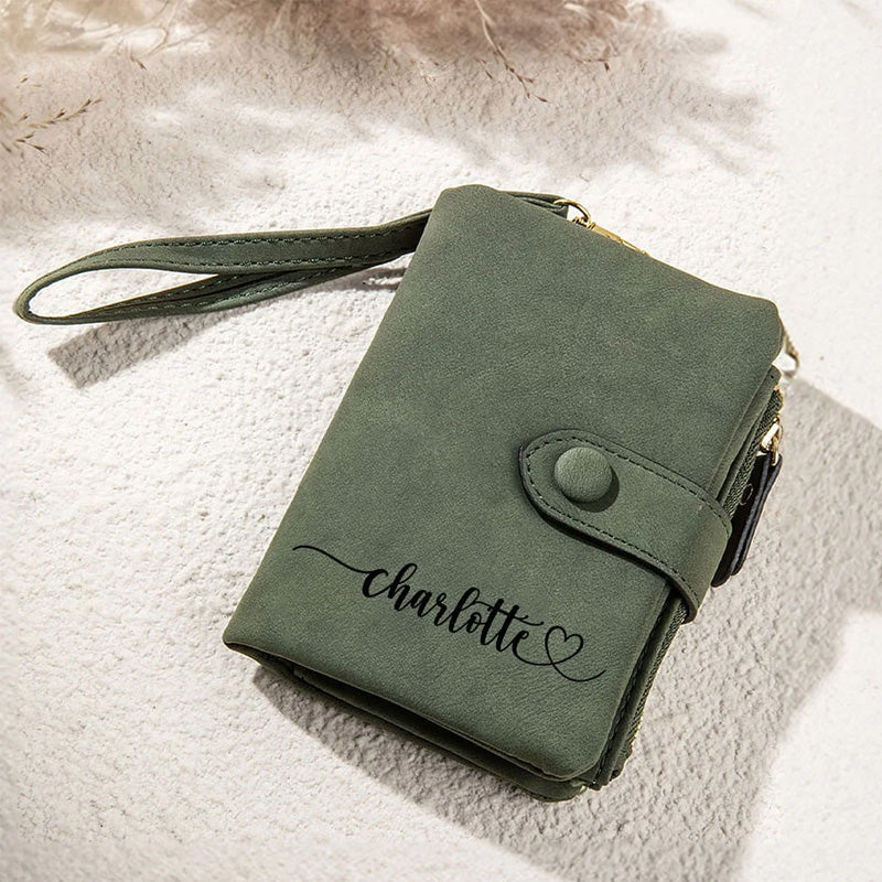 Personalized Name with Heart Design Tri-Fold PU Leather Wristlet Wallet with Card Holder Birthday Christmas Gift for Women
