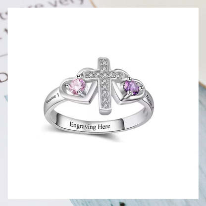 Bague en argent sterling avec nom personnalisé, pierre de naissance, promesse, croix