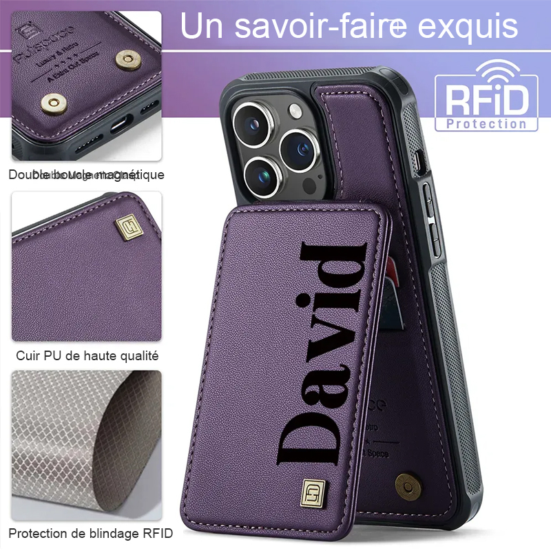 Étui de téléphone portefeuille personnalisé avec porte-cartes Monogram
