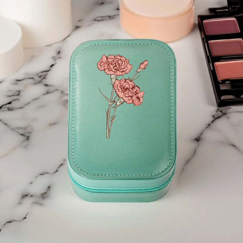 Boîte à bijoux portable avec fleur de naissance personnalisée, boîte à maquillage