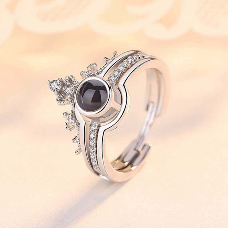 Bague personnalisée avec projection photo et couronne en forme de cœur deux en un
