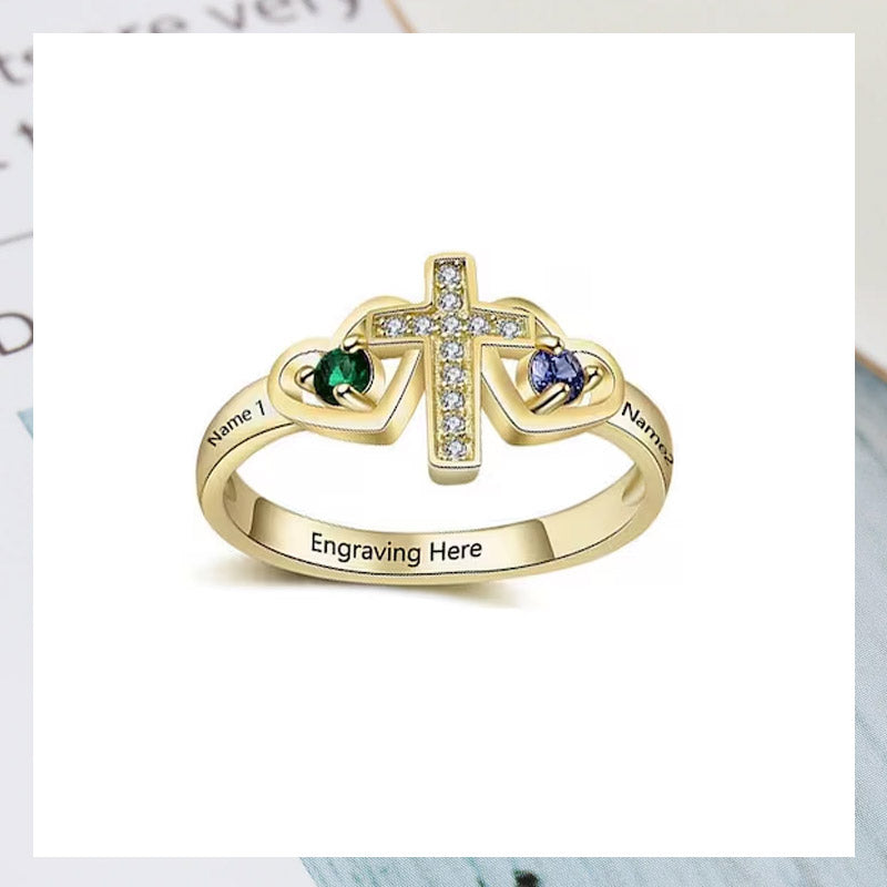 Bague en argent sterling avec nom personnalisé, pierre de naissance, promesse, croix