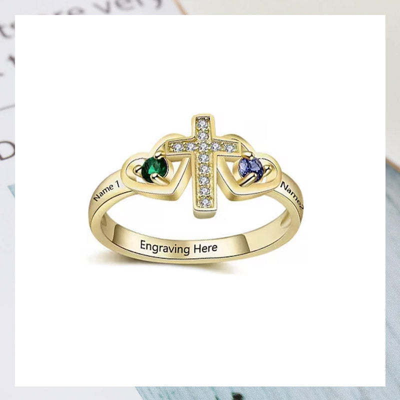 Bague en argent sterling avec nom personnalisé, pierre de naissance, promesse, croix