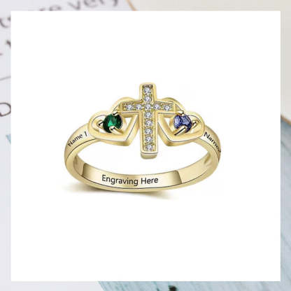 Bague en argent sterling avec nom personnalisé, pierre de naissance, promesse, croix