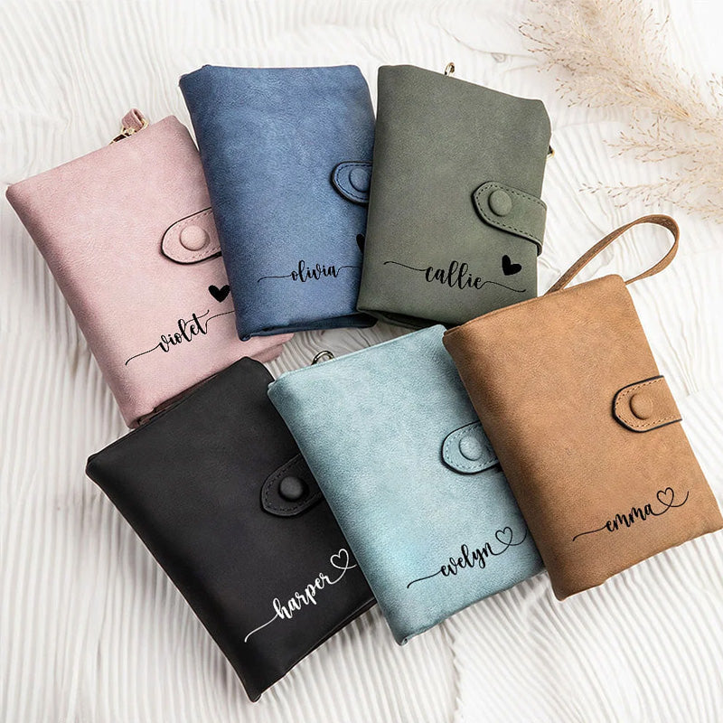 Personalized Name with Heart Design Tri-Fold PU Leather Wristlet Wallet with Card Holder Birthday Christmas Gift for Women
