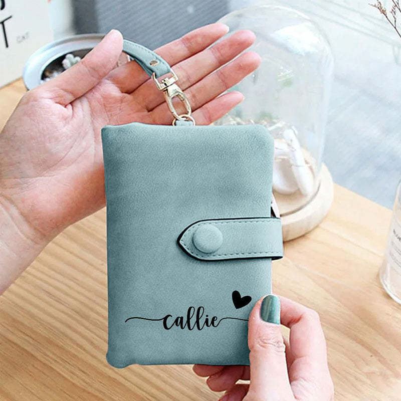Personalized Name with Heart Design Tri-Fold PU Leather Wristlet Wallet with Card Holder Birthday Christmas Gift for Women