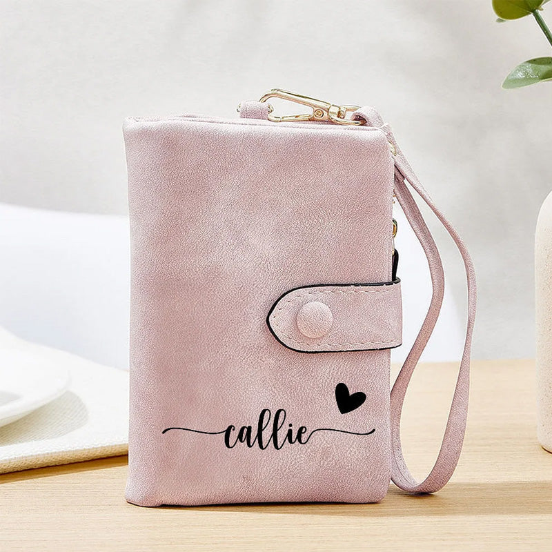 Personalized Name with Heart Design Tri-Fold PU Leather Wristlet Wallet with Card Holder Birthday Christmas Gift for Women