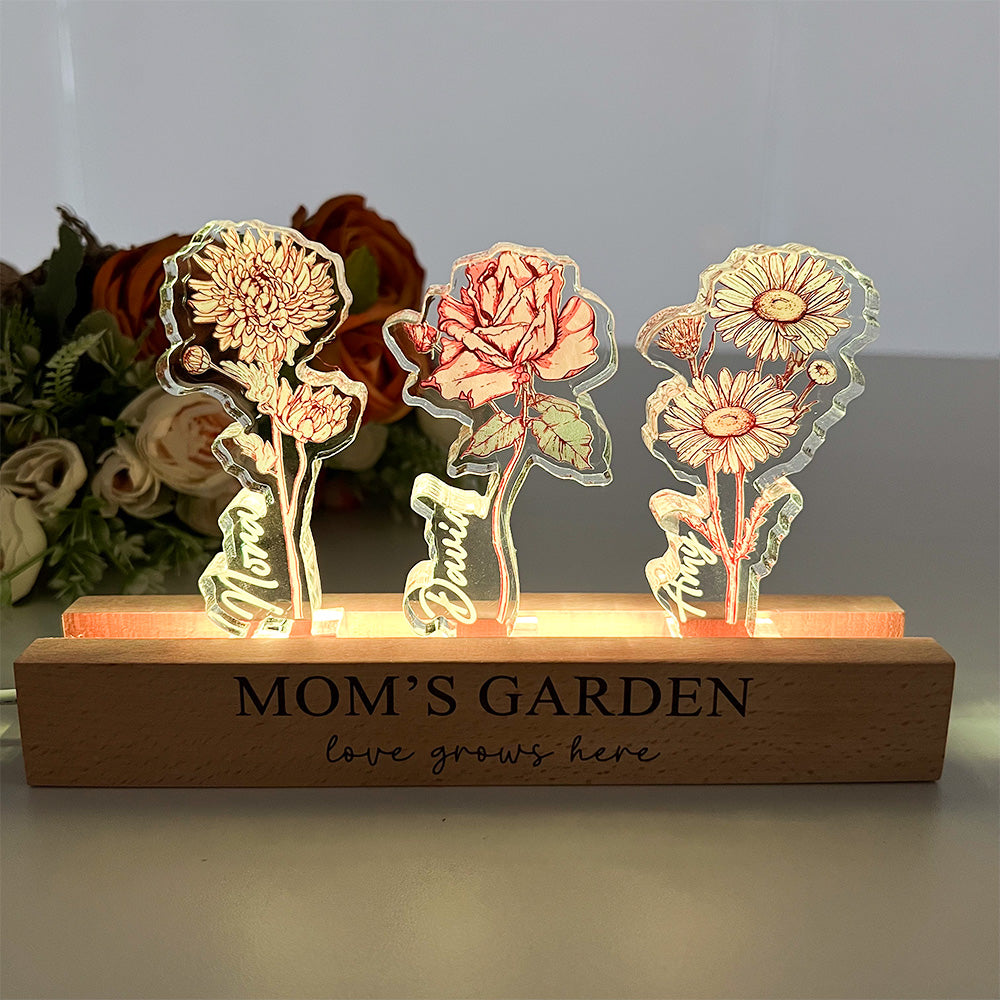 Fleur de naissance personnalisée 3D en cristal acrylique avec lumière LED et prénoms d'enfants