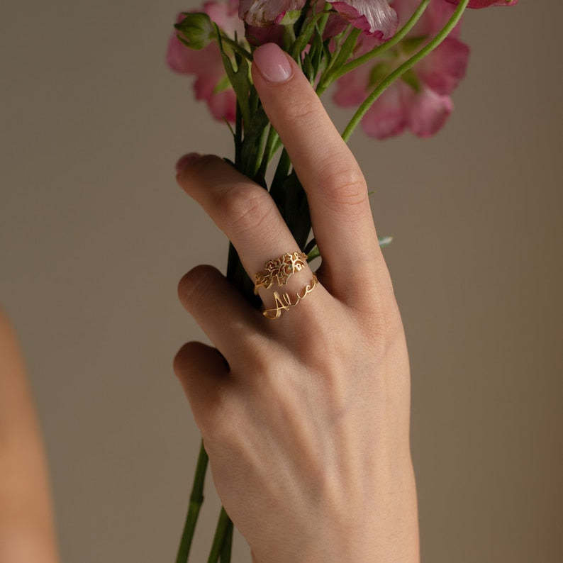 Bague de nom de fleur de naissance personnalisée