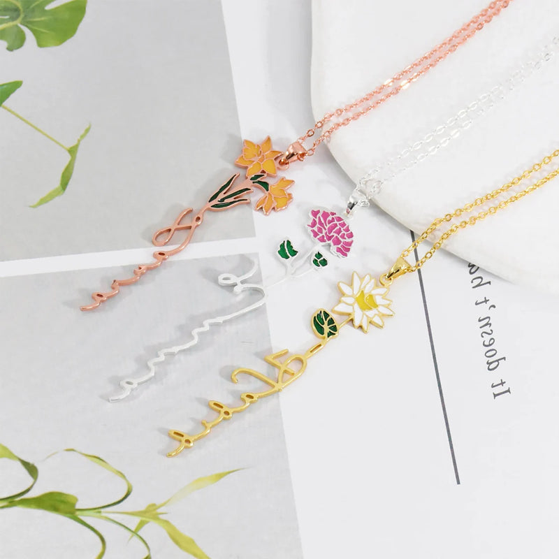 Personalized Name And Birthday Flower Necklace