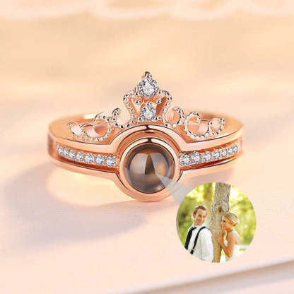 Bague personnalisée avec projection photo et couronne en forme de cœur deux en un