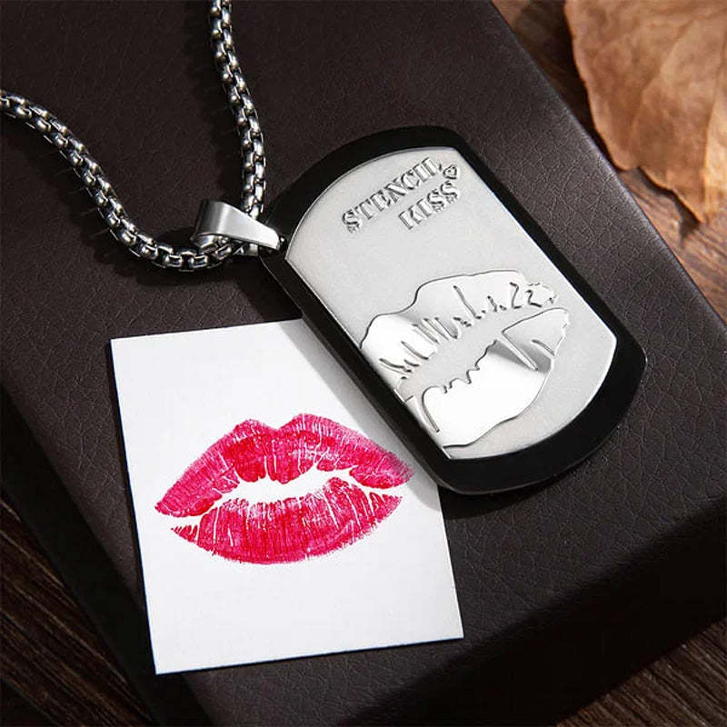 Personalized Engraved Lip Print Kiss Men's Necklace with Name Text Valentine's Day Anniversary Gift for Him