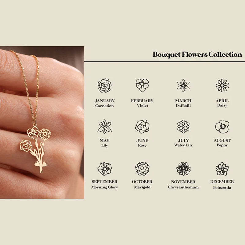 Collier de fleurs de naissance familiale, collier de bouquet de fleurs de naissance multiple, cadeau personnalisé