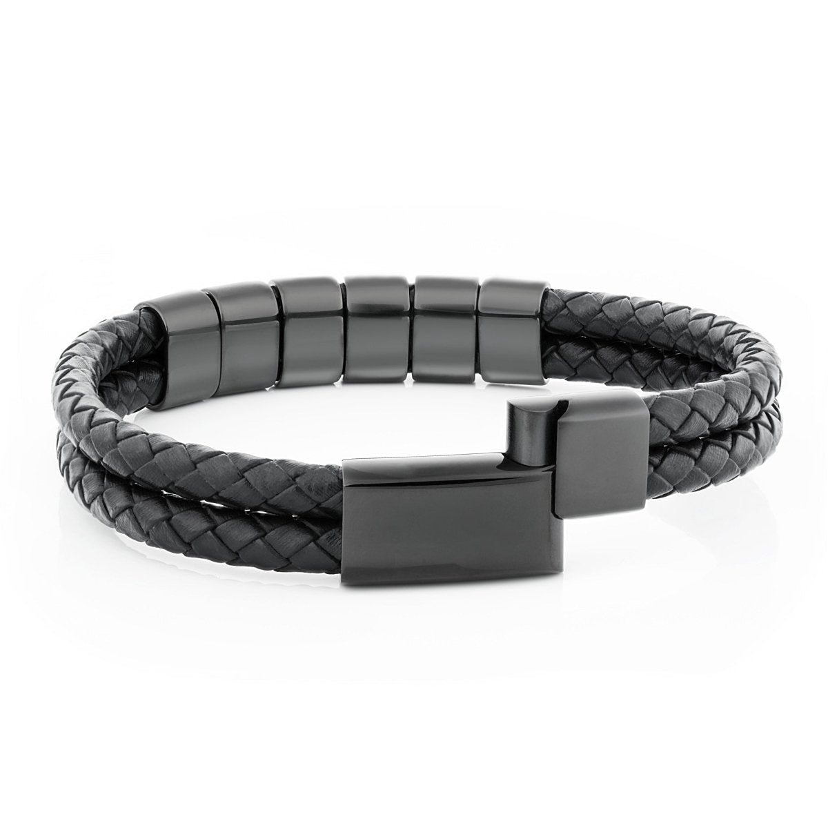 Bracelet en cuir avec perles noires gravées