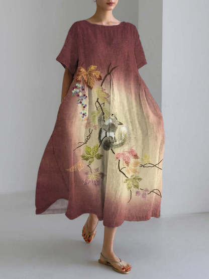 Leaf & Squirrel Embroidered Linen Blend Maxi Dress
