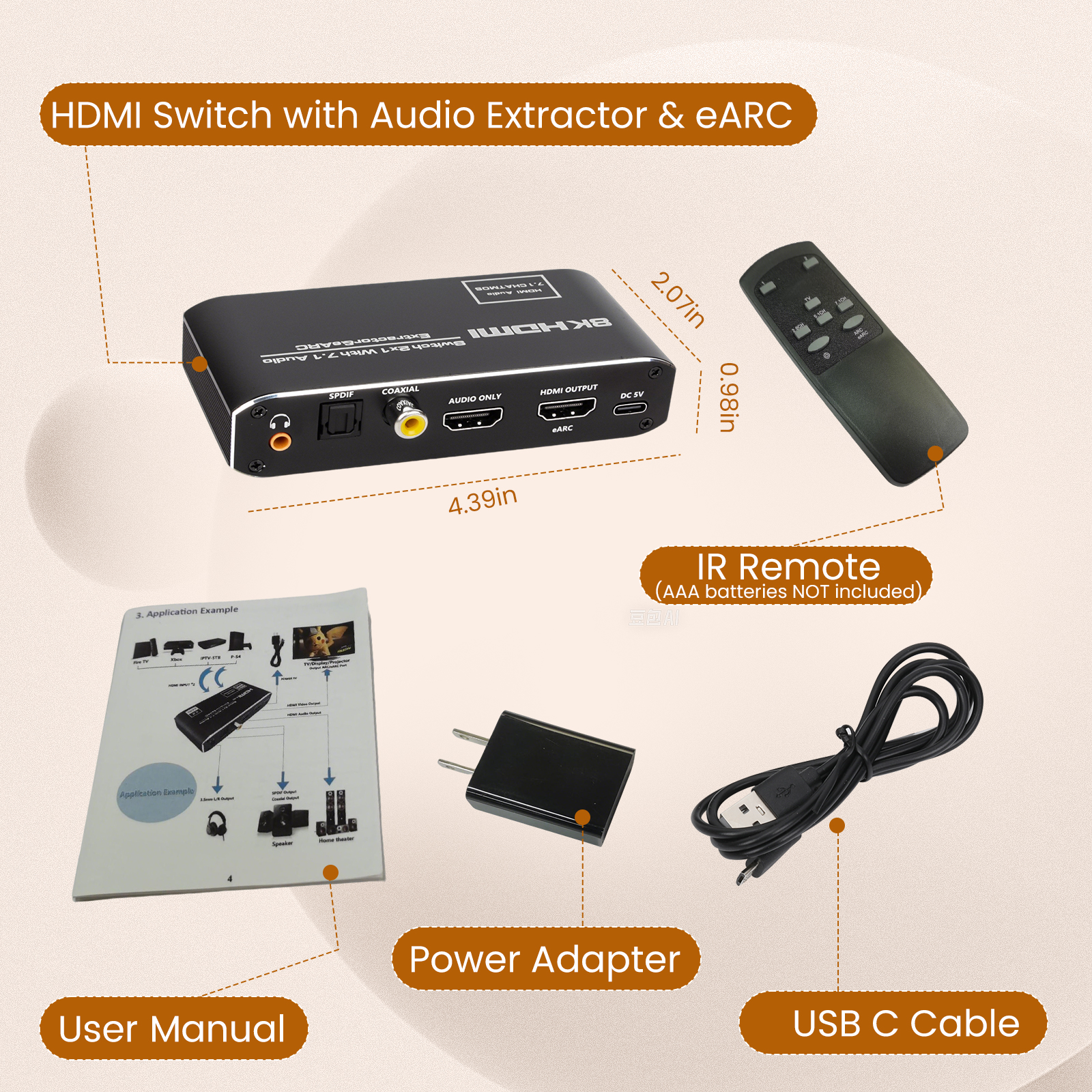 2-in-1  HDMI Switch with Audio Extractor & eARC Audio Converter-earc to optical