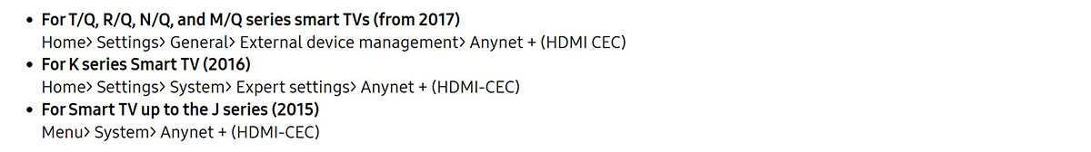 Anynet + (HDMI-CEC) function must be enabled on the smart TV to use eARC.