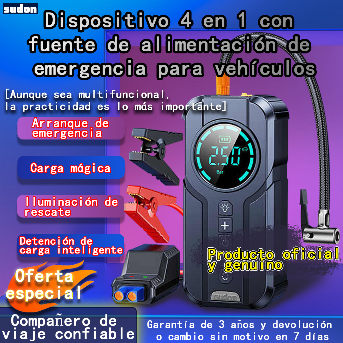 Dispositivo 4 en 1 con fuente de alimentación de emergencia para vehículos