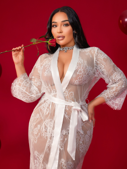 Free Tonight-Women's Elegant Sheer Flora Eyelash Lace Embroidered 3/4 Long Sleeve V-neck Wedding Gown Mesh Robe-FreeTonight