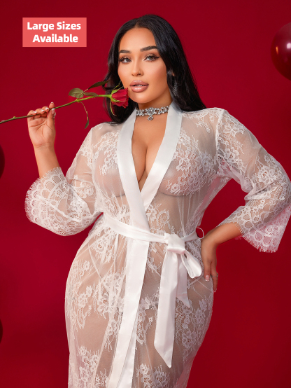 Free Tonight-Women's Elegant Sheer Flora Eyelash Lace Embroidered 3/4 Long Sleeve V-neck Wedding Gown Mesh Robe-FreeTonight
