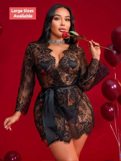 Free Tonight -Women's Elegant Sheer Flora Eyelash Lace 3/4 Long Sleeve V-Neck Ribbon Short Mesh Robe