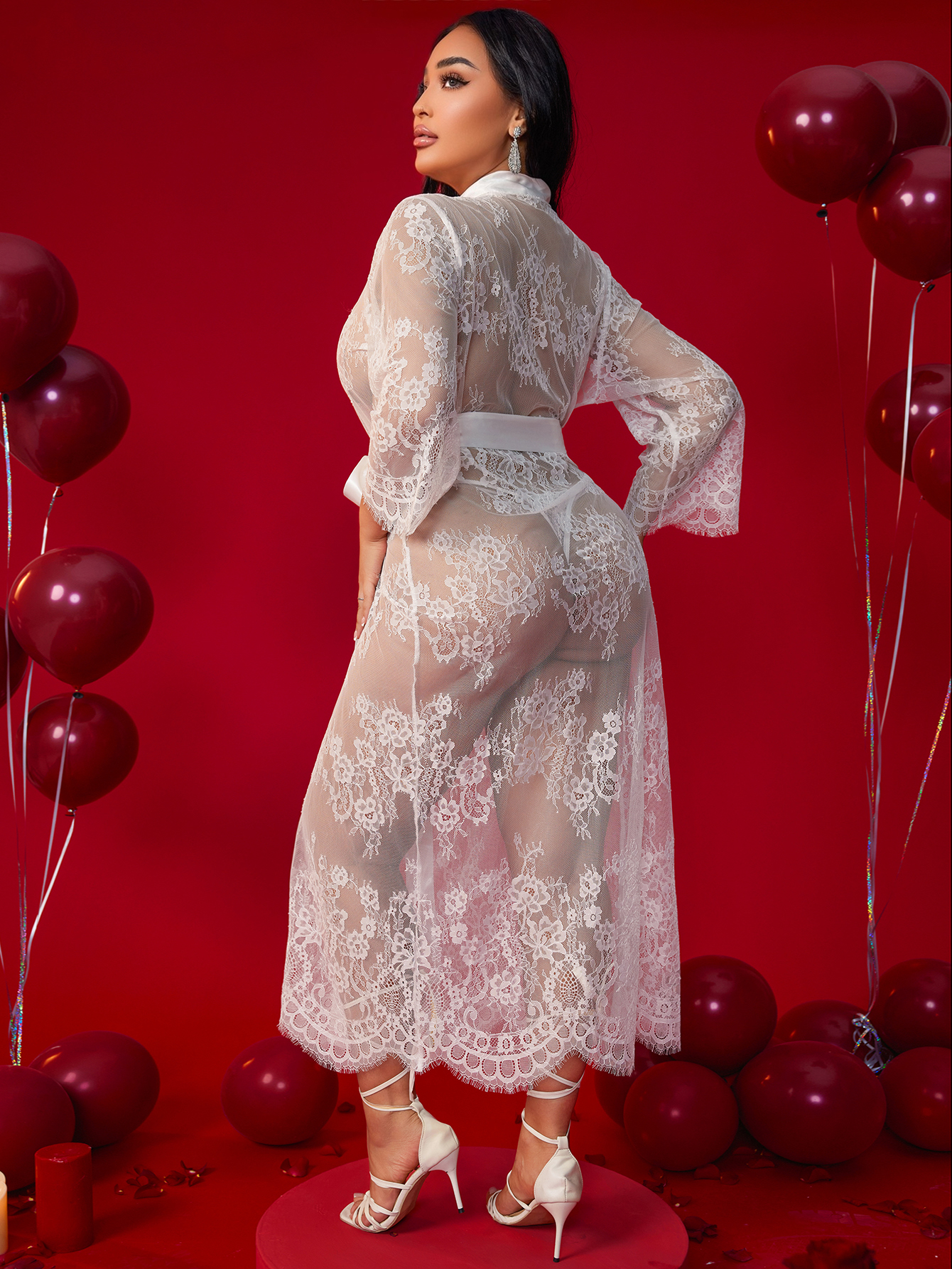 Free Tonight-Women's Elegant Sheer Flora Eyelash Lace Embroidered 3/4 Long Sleeve V-neck Wedding Gown Mesh Robe-FreeTonight