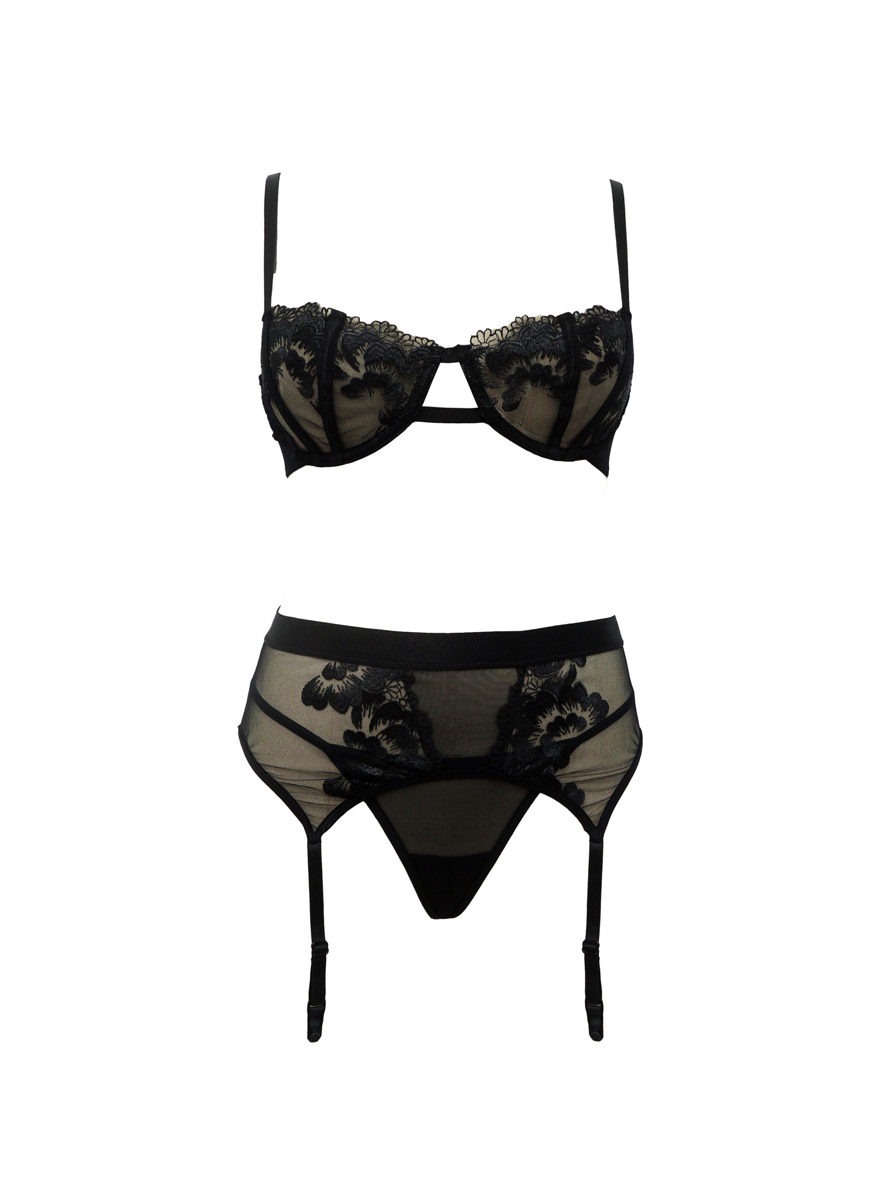 Free Tonight - Black 3-Piece Floral Embroidery Lingerie Set