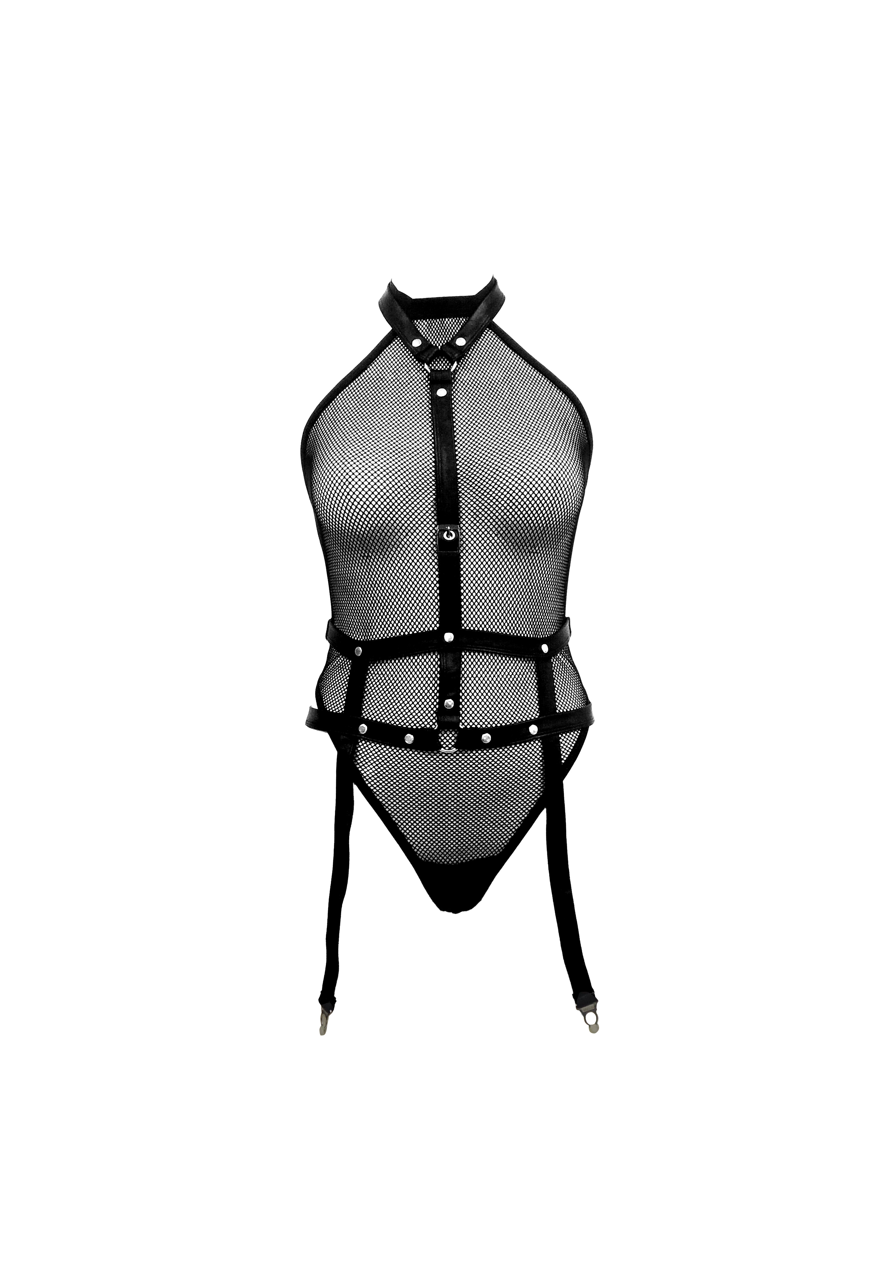 Free Tonight - Women’s Fishnet Teddy & Detachable Harness Set-Freetonight - 