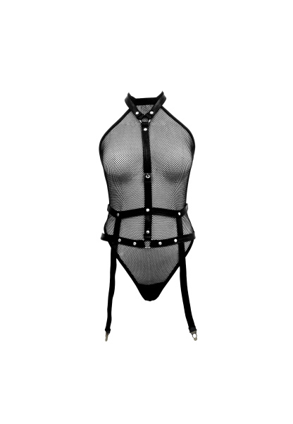 Free Tonight - Women’s Fishnet Teddy & Detachable Harness Set-Freetonight - 