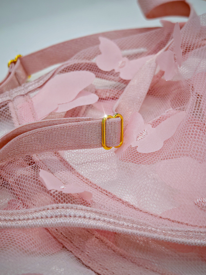 Free Tonight - Dreamingbaby Pink Butterfly Embroidery Mesh Underwire Bra & G-String Set